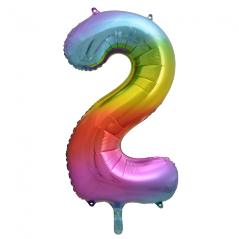 Folieballon cijfer 2, regenboog kleuren, 86 cm, 34 inch