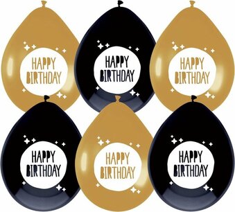 Happy Birthday Ballonnen zwart/goud, 6 stuks Happy Birthday Ballonnen zwart/goud, 6 stuks