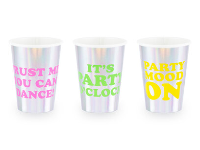 Zilver holografische bekers met neon tekst, 6 stuks, 360 ml Zilver holografische bekers met neon tekst, 6 stuks, 360 ml