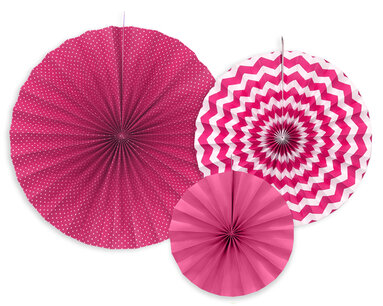 Roze, fuchsia papieren waaiers, 23-40 cm, 3-delig Roze, fuchsia papieren waaiers, 23-40 cm, 3-delig