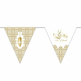 Eid Mubarak vlaggenlijn, wit-goud, 6 meter Eid Mubarak vlaggenlijn, wit-goud, 6 meter