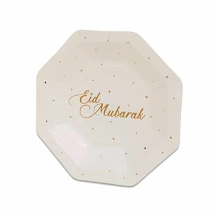 Eid Mubarak bordjes, wit-goud, 8 stuks, 18 cm Eid Mubarak bordjes, wit-goud, 8 stuks, 18 cm