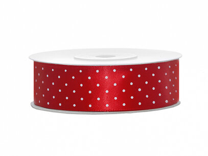 Rood stippen Satijn lint, 25mm, rol 25 m Rood stippen Satijn lint, 25mm, rol 25 m
