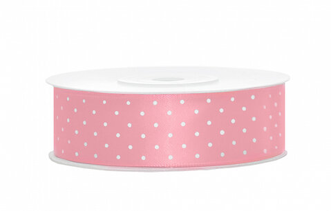 Roze stippen Satijn lint, 25mm, rol 25 m Roze stippen Satijn lint, 25mm, rol 25 m