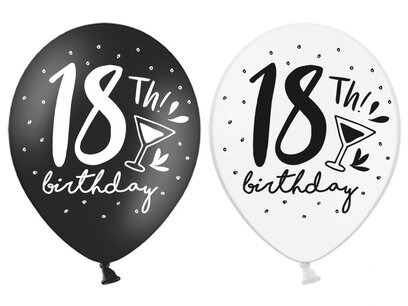 18th birthday Ballonnen zwart-wit, 6 stuks, 30cm 18th birthday Ballonnen zwart-wit, 6 stuks, 30cm