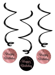 Happy Birthday swirl deco rose/black, 3 stuks Happy Birthday swirl deco rose/black, 3 stuks