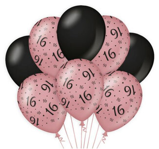 16 jaar Ballonnen rose/black, 8 stuks 16 jaar Ballonnen rose/black, 8 stuks