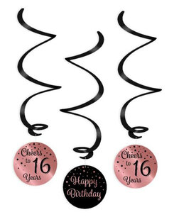 16 jaar swirl deco Rose/black, 3 stuks 16 jaar swirl deco Rose/black, 3 stuks