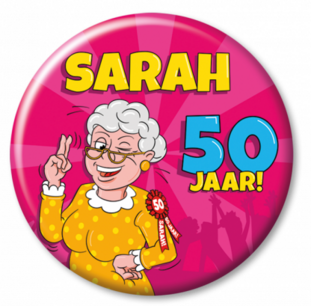 Sarah 50 jaar cartoon button Sarah 50 jaar cartoon button