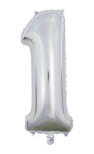 Folie Ballon Cijfer 1 Zilver, 66 cm Folie Ballon Cijfer 1 Zilver, 66 cm