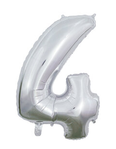 Folie Ballon Cijfer 4 Zilver, 66 cm Folie Ballon Cijfer 4 Zilver, 66 cm