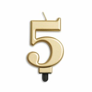 Kaars cijfer 5, metallic goud, voor op taart Kaars cijfer 5, metallic goud, voor op taart