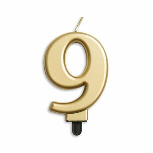 Kaars cijfer 9, metallic goud, voor op taart Kaars cijfer 9, metallic goud, voor op taart