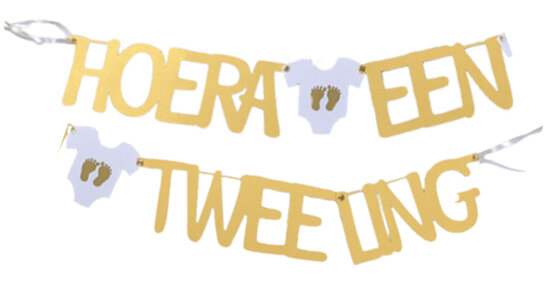 Hoera een Tweeling- tekstslinger goud + zuignapjes Hoera een Tweeling- tekstslinger goud + zuignapjes