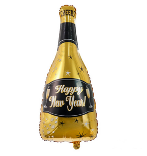 Happy New Year Champagne fles folieballon goud/zwart, 85 cm Happy New Year Champagne fles folieballon goud/zwart, 85 cm
