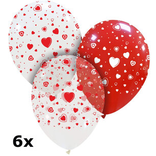 Hearts ballonnen mix rood-wit-clear, 6 stuks, 30cm