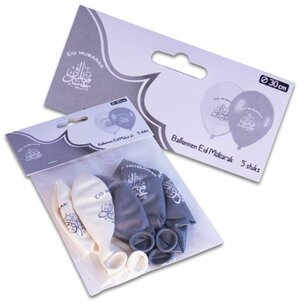 Eid Mubarak Ballonnen, wit-zilver, 5 stuks Eid Mubarak Ballonnen, wit-zilver, 5 stuks