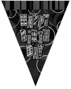 Happy Birthday vlaggetjes banner zwart/zilver, 2,7 meter Happy Birthday vlaggetjes banner zwart/zilver, 2,7 meter